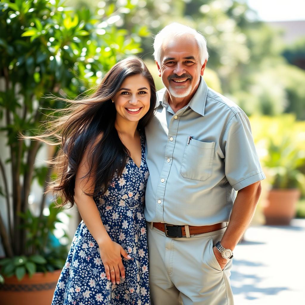 A young beautiful woman of 25 years, with long flowing dark hair and wearing a stylish summer dress, standing closely beside an older man in his 60s with salt-and-pepper hair