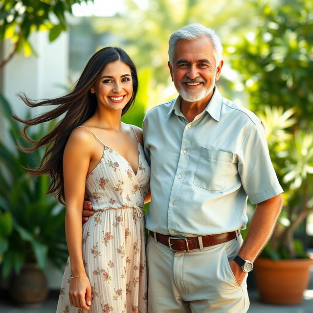 A young beautiful woman of 25 years, with long flowing dark hair and wearing a stylish summer dress, standing closely beside an older man in his 60s with salt-and-pepper hair