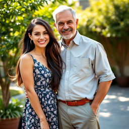 A young beautiful woman of 25 years, with long flowing dark hair and wearing a stylish summer dress, standing closely beside an older man in his 60s with salt-and-pepper hair