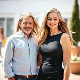 A young beautiful woman, 25 years old, with long flowing hair, wearing a trendy, form-fitting dress that accentuates her figure, standing closely next to an older man in his 60s, who has salt-and-pepper hair and a charming smile