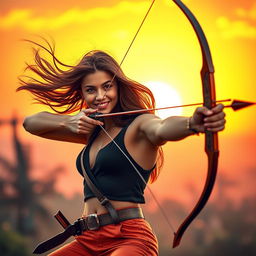 A captivating scene featuring a confident young woman in a stylish outfit, playfully shooting a bow and arrow