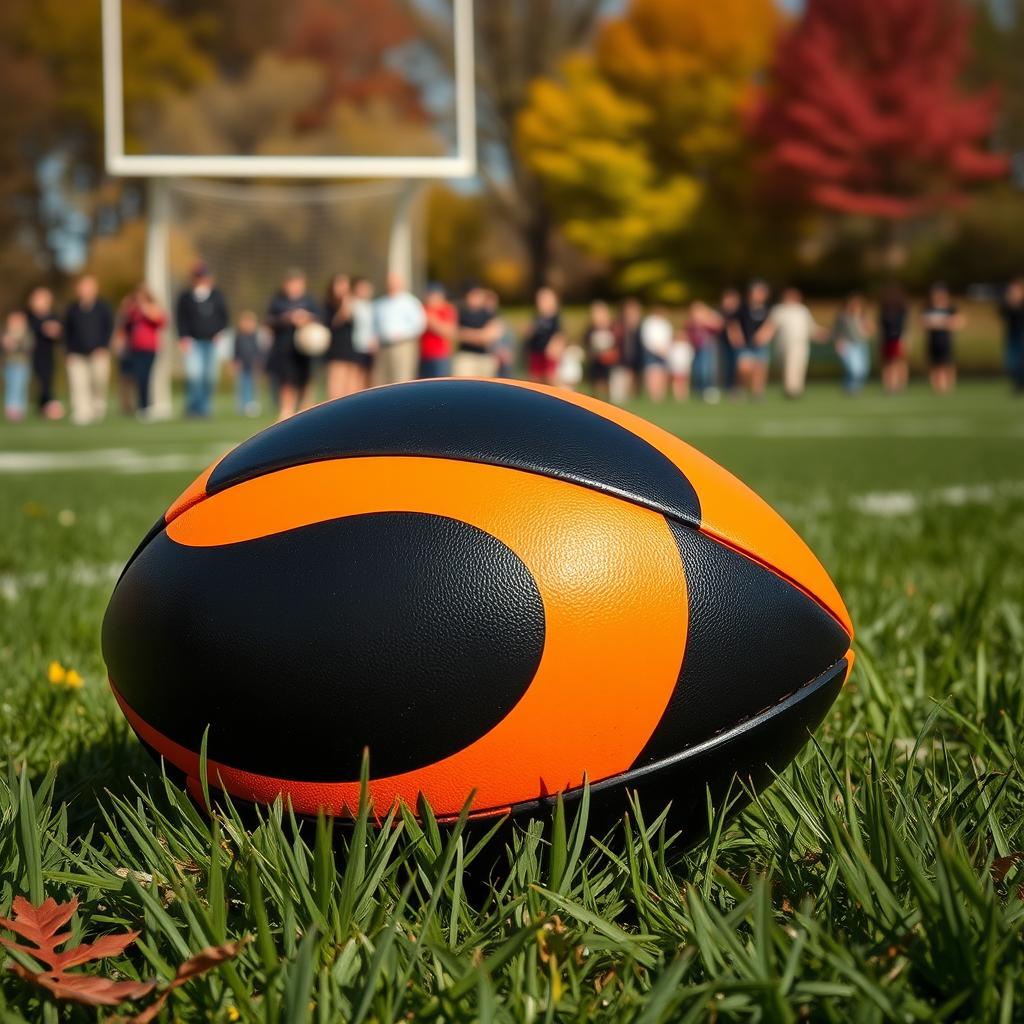 A dynamic scene featuring a black and orange football lying on a well-maintained grass field