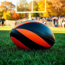 A dynamic scene featuring a black and orange football lying on a well-maintained grass field