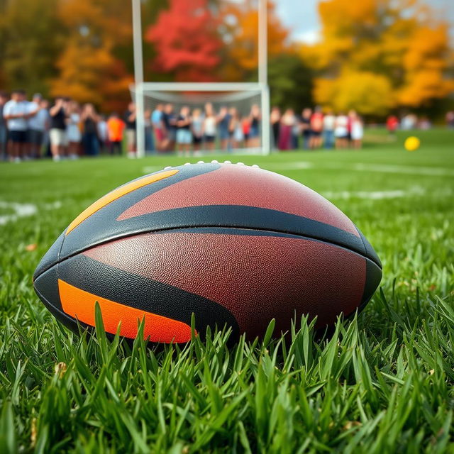 A dynamic scene featuring a black and orange football lying on a well-maintained grass field