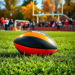 A dynamic scene featuring a black and orange football lying on a well-maintained grass field