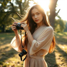 A beautiful young woman posing confidently while shooting artistic photographs in a picturesque outdoor setting
