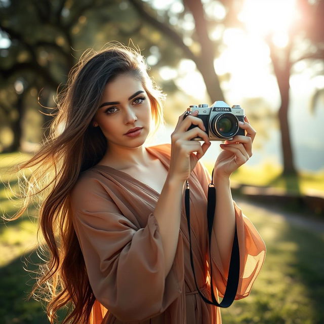 A beautiful young woman posing confidently while shooting artistic photographs in a picturesque outdoor setting