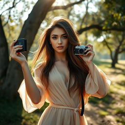 A beautiful young woman posing confidently while shooting artistic photographs in a picturesque outdoor setting