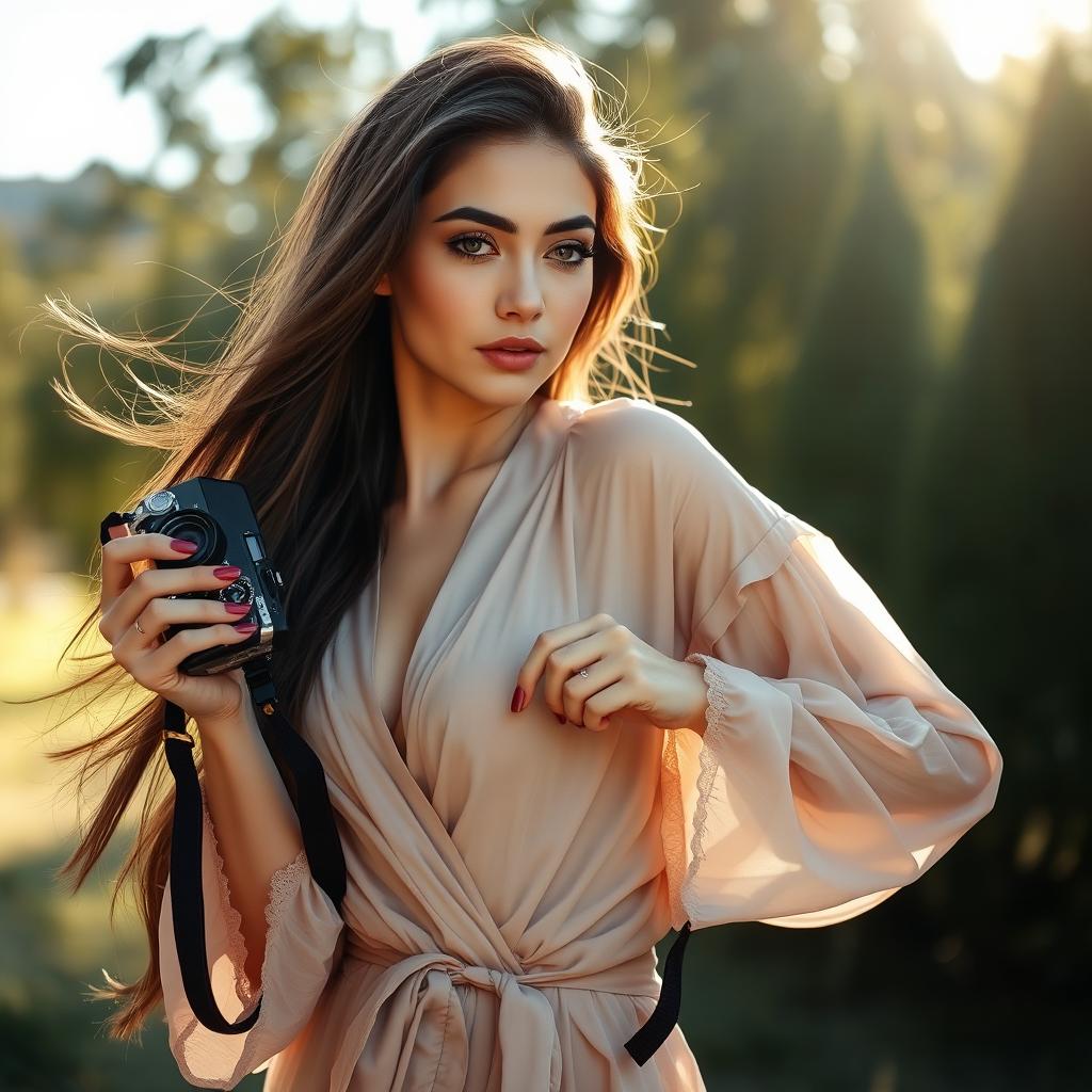 A beautiful young woman posing confidently while shooting artistic photographs in a picturesque outdoor setting