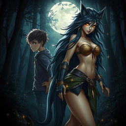 An imaginative transformation scene of a young boy morphing into a beautiful werewolf girl