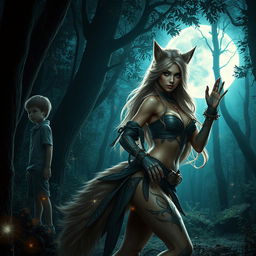 An imaginative transformation scene of a young boy morphing into a beautiful werewolf girl