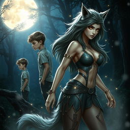 An imaginative transformation scene of a young boy morphing into a beautiful werewolf girl