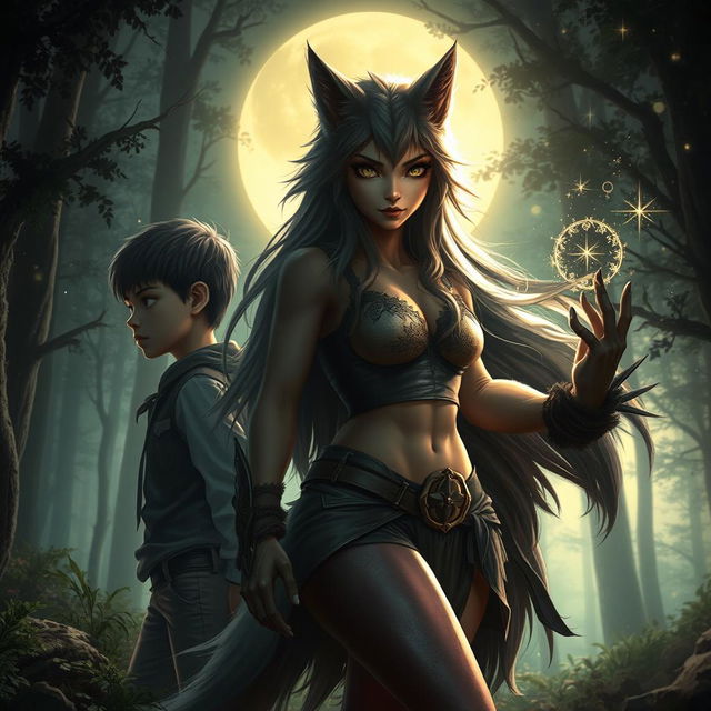 An imaginative transformation scene of a young boy morphing into a beautiful werewolf girl