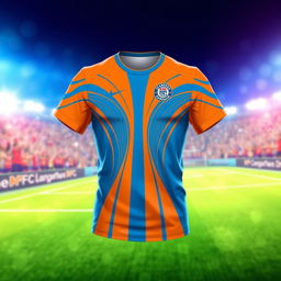 A vivid and dynamic illustration of a bright blue and orange soccer jersey, designed with a modern athletic style