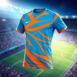 A vivid and dynamic illustration of a bright blue and orange soccer jersey, designed with a modern athletic style