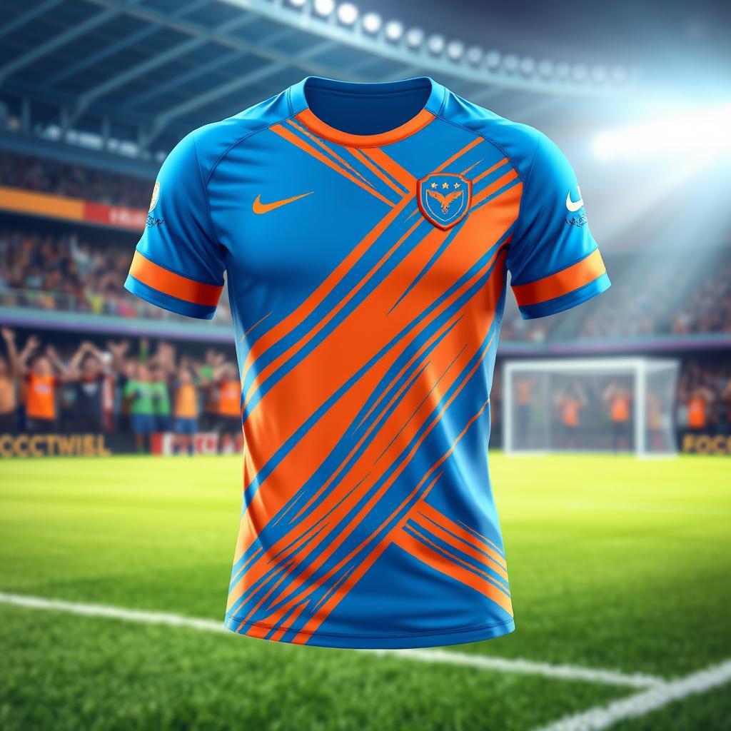 A vivid and dynamic illustration of a bright blue and orange soccer jersey, designed with a modern athletic style