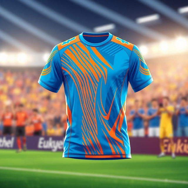 A vivid and dynamic illustration of a bright blue and orange soccer jersey, designed with a modern athletic style