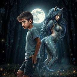 A mesmerizing transformation scene of a young boy turning into a captivating werewolf girl with a curvy figure