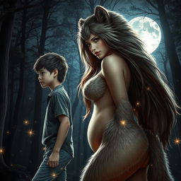 A mesmerizing transformation scene of a young boy turning into a captivating werewolf girl with a curvy figure