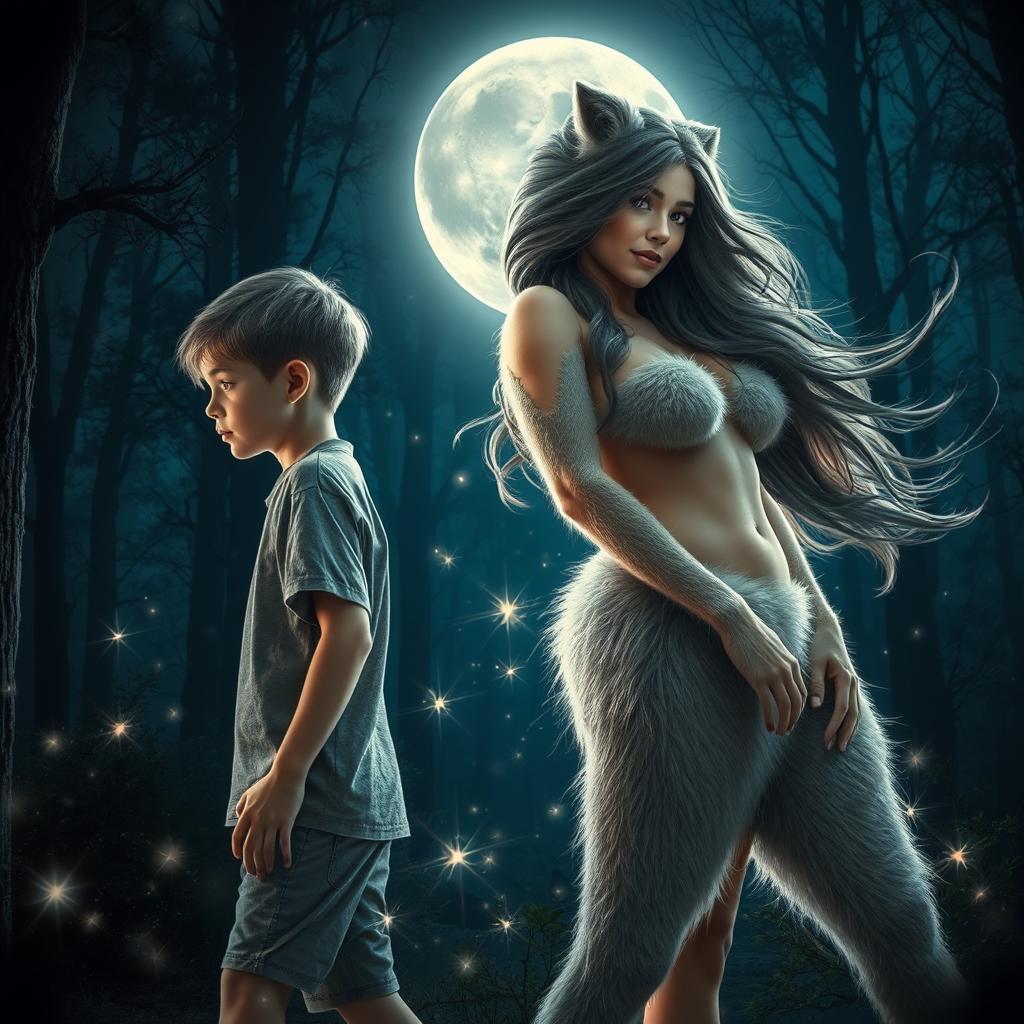 A mesmerizing transformation scene of a young boy turning into a captivating werewolf girl with a curvy figure