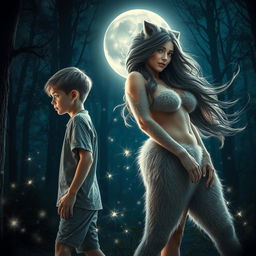 A mesmerizing transformation scene of a young boy turning into a captivating werewolf girl with a curvy figure