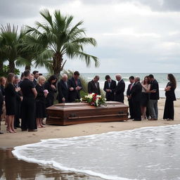 A solemn scene depicting the funeral of Jj Maybank, a character from the Outer Banks show, in a serene coastal setting