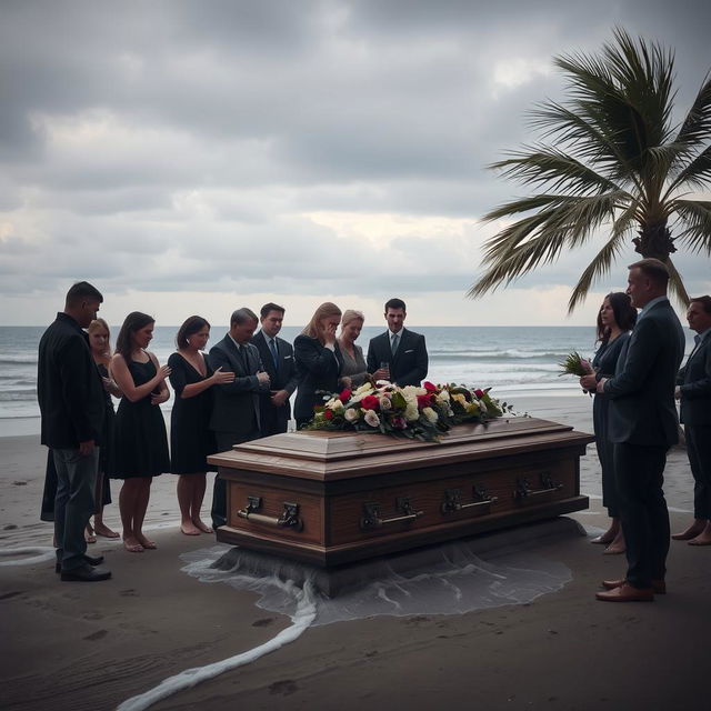 A solemn scene depicting the funeral of Jj Maybank, a character from the Outer Banks show, in a serene coastal setting