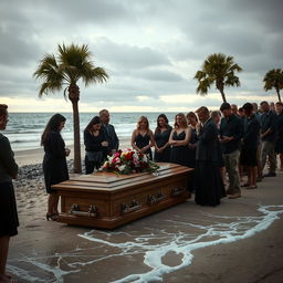 A solemn scene depicting the funeral of Jj Maybank, a character from the Outer Banks show, in a serene coastal setting