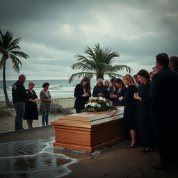 A solemn scene depicting the funeral of Jj Maybank, a character from the Outer Banks show, in a serene coastal setting