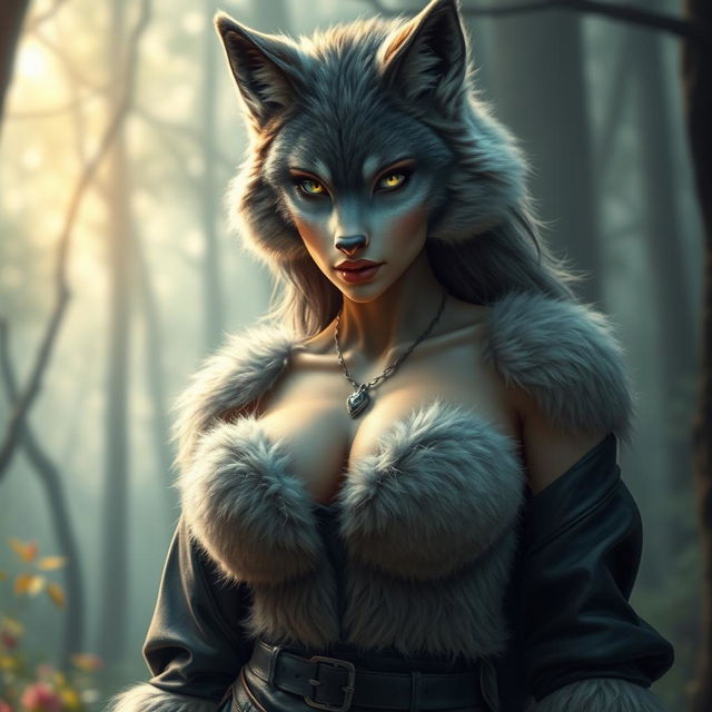 A stunningly beautiful female werewolf with soft fur covering her body