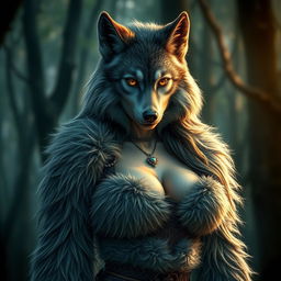 A stunningly beautiful female werewolf with soft fur covering her body