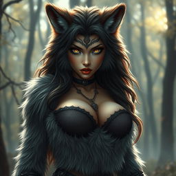 A stunningly beautiful female werewolf with soft fur covering her body