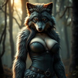 A stunningly beautiful female werewolf with soft fur covering her body