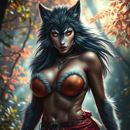 A stunningly beautiful female werewolf, with shimmering soft fur covering her voluptuous body, emphasizing her big breasts