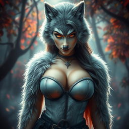 A stunningly beautiful female werewolf, with shimmering soft fur covering her voluptuous body, emphasizing her big breasts