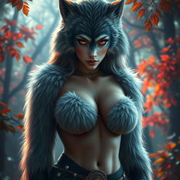 A stunningly beautiful female werewolf, with shimmering soft fur covering her voluptuous body, emphasizing her big breasts