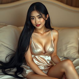 A beautiful Japanese woman, with long silky black hair, wearing luxurious flesh-colored silk lingerie