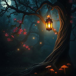 A mystical scene depicting a dimly lit lantern hanging from an ancient, twisted tree
