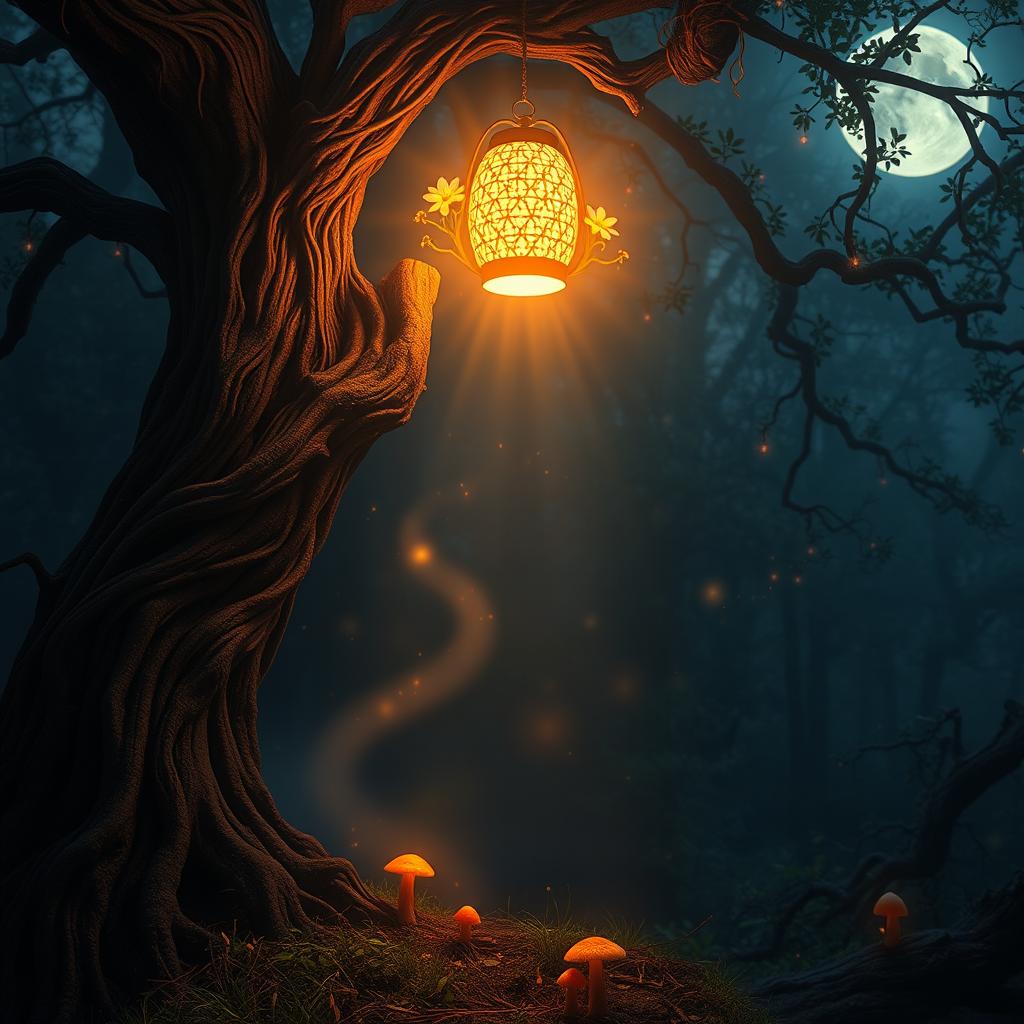 A mystical scene depicting a dimly lit lantern hanging from an ancient, twisted tree