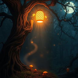 A mystical scene depicting a dimly lit lantern hanging from an ancient, twisted tree