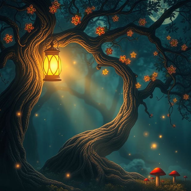 A mystical scene depicting a dimly lit lantern hanging from an ancient, twisted tree