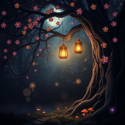 A mystical scene depicting a dimly lit lantern hanging from an ancient, twisted tree