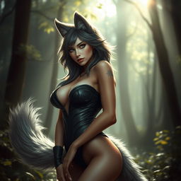 A breathtaking female werewolf with soft, luxurious fur, featuring a prominent tail and captivating big breasts