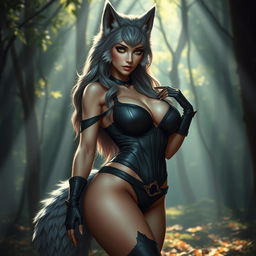 A breathtaking female werewolf with soft, luxurious fur, featuring a prominent tail and captivating big breasts