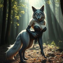 A breathtaking female werewolf with soft, luxurious fur, featuring a prominent tail and captivating big breasts