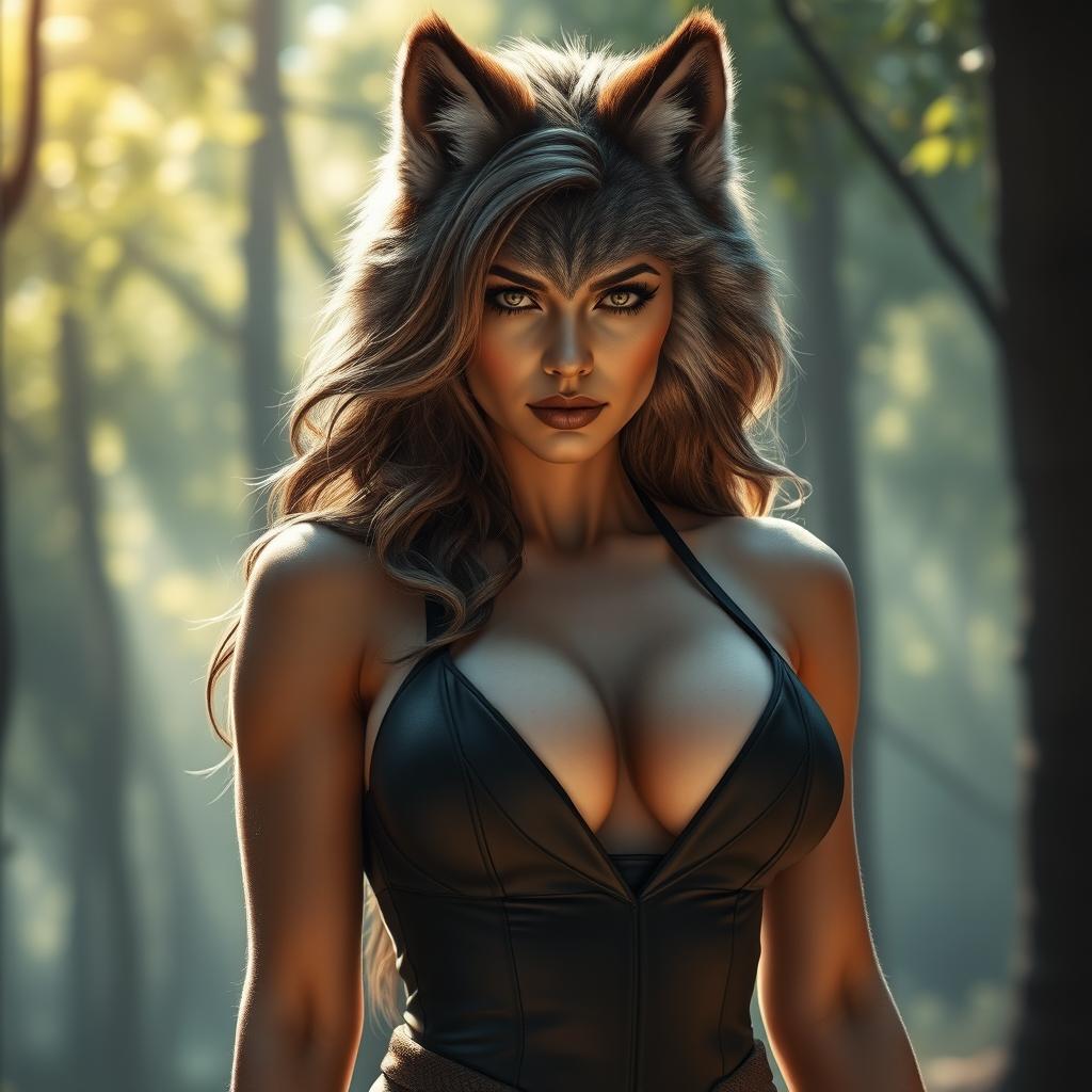 A breathtaking female werewolf, embodying softness and allure, featuring the biggest breasts that enhance her captivating form