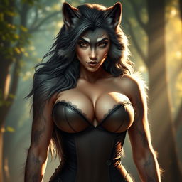 A breathtaking female werewolf, embodying softness and allure, featuring the biggest breasts that enhance her captivating form