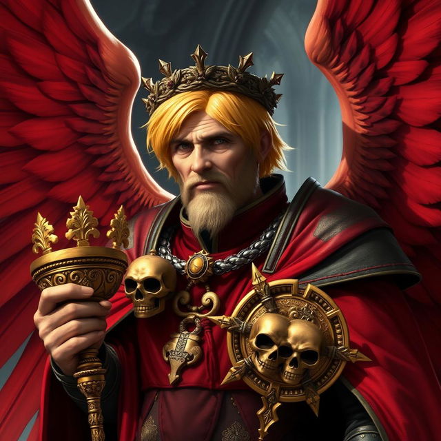 A mid-aged Sanguinary High Priest Blood Angel from Warhammer 40k, featuring magnificent red wings elegantly spread behind him