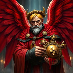 A mid-aged Sanguinary High Priest Blood Angel from Warhammer 40k, featuring magnificent red wings elegantly spread behind him