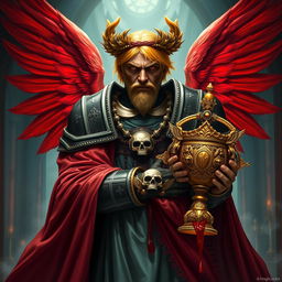 A mid-aged Sanguinary High Priest Blood Angel from Warhammer 40k, featuring magnificent red wings elegantly spread behind him